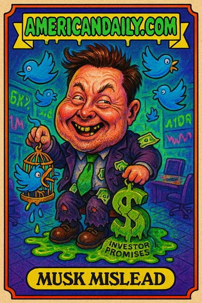 Grotesque caricature of Elon Musk depicted with exaggerated features in a chaotic scene, holding a birdcage with escaping Twitter bird amidst melting ticker displays.