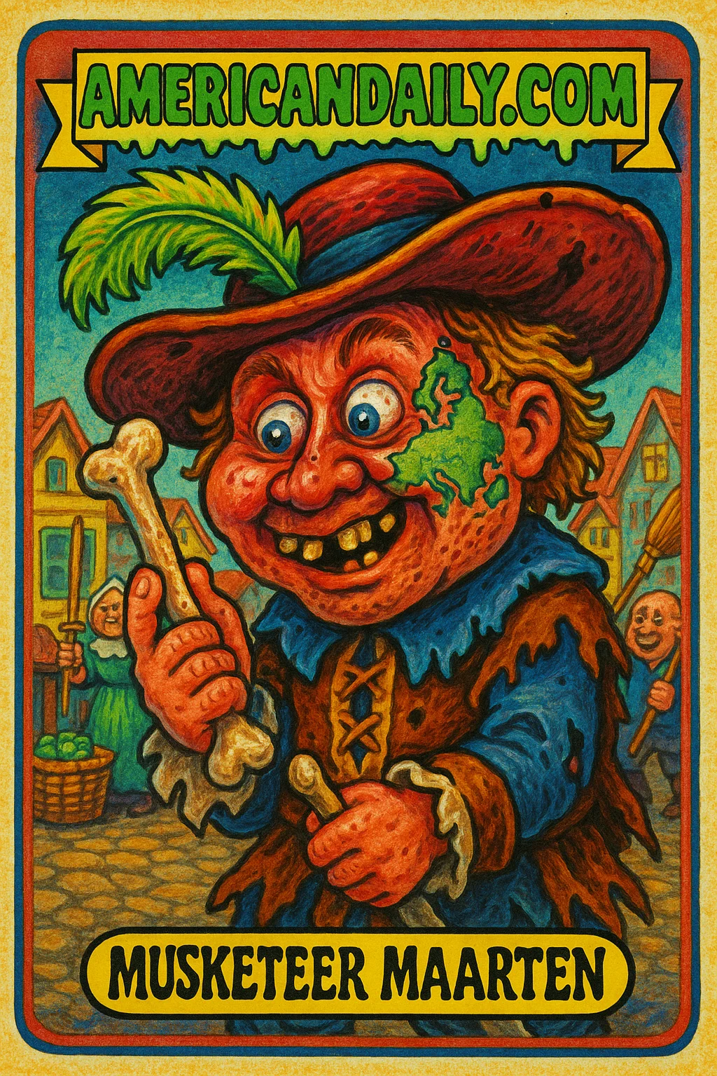 A grotesque musketeer with a massive head, bulging eyes, and missing teeth inspects a bone amid a Dutch village market scene.