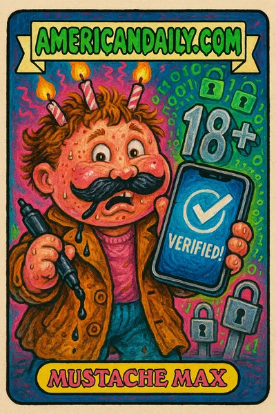 Cartoon image of a child with a huge fake mustache using a smartphone, with digital locks in the background.