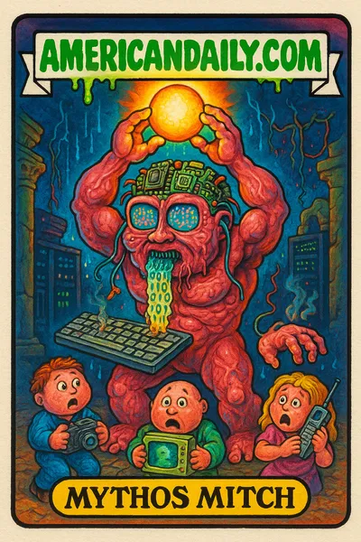 Grotesque trading card featuring Mythos Mitch, an AI monster composed of circuit boards and digital detritus, towering over terrified humans.