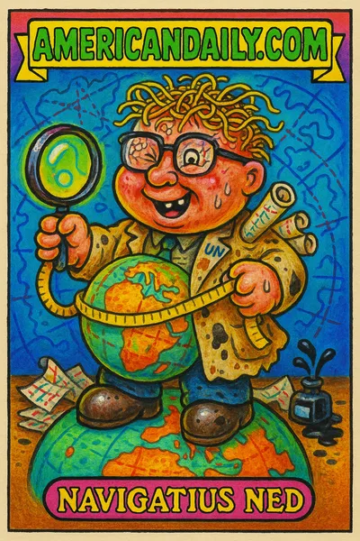 A grotesque caricature of a UN cartographer, Navigatius Ned, gleefully measuring a distorted globe with an emphasized Africa, amidst a chaotic, error-ridden map background.