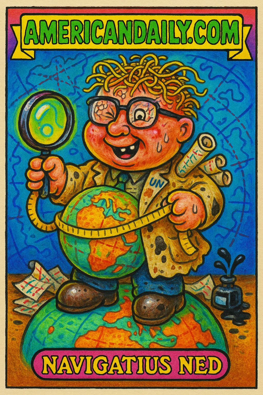 A grotesque caricature of a UN cartographer, Navigatius Ned, gleefully measuring a distorted globe with an emphasized Africa, amidst a chaotic, error-ridden map background.