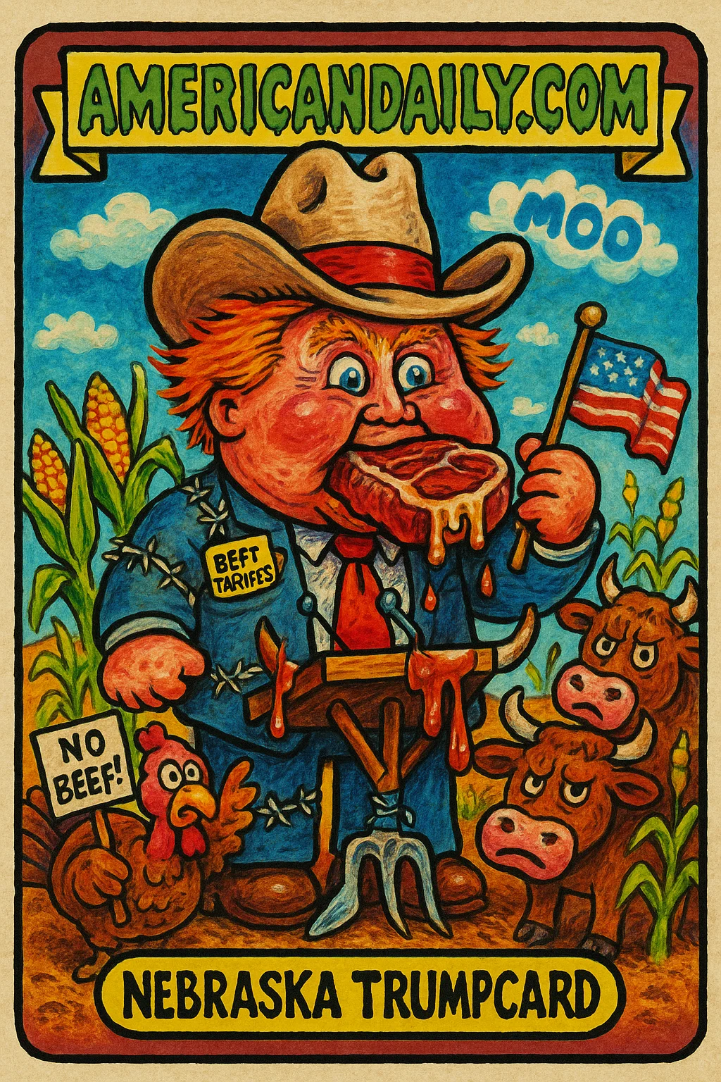 A grotesque cartoon of 'Nebraska Trumpcard' chewing a massive steak surrounded by angry cartoon cows. Features bulging eyes and a speech podium made from farm tools.