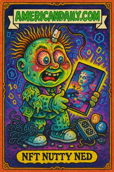 Trading card of 'NFT Nutty Ned' with a grotesquely oversized head, glowing digital artwork, and tech chaos swirling background.