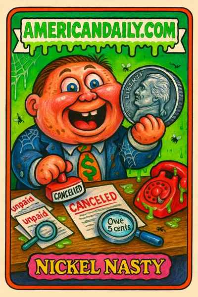 A satirical card showing a slimy insurance agent with a greedy grin, clutching a large nickel, and stamping 'CANCELLED' on health coverage.