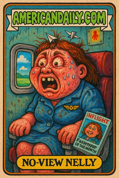 A grotesque cartoon of No-View Nelly in an airplane seat, face pressed against a fake window. Bright colors and exaggerated features in Garbage Pail Kids style.