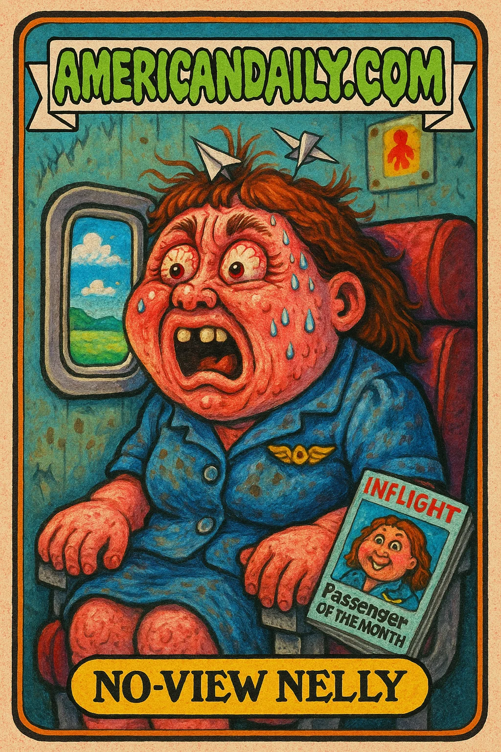 A grotesque cartoon of No-View Nelly in an airplane seat, face pressed against a fake window. Bright colors and exaggerated features in Garbage Pail Kids style.
