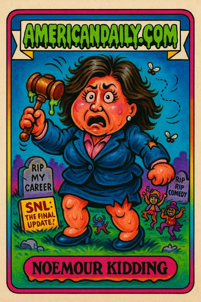 A satirical trading card depicting Kristi Noem in a graveyard scene, with a shocked expression, oversized head, and comedic elements mocking her political downfall.