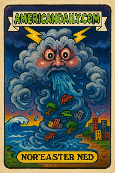 Nor’easter Ned, a grotesque storm figure with a cloud body, wreaks havoc on a mini city. He's spewing rain and hurling wind.