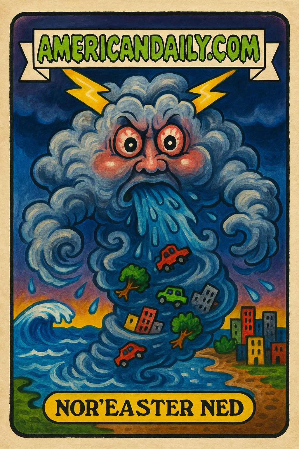 Nor’easter Ned, a grotesque storm figure with a cloud body, wreaks havoc on a mini city. He's spewing rain and hurling wind.