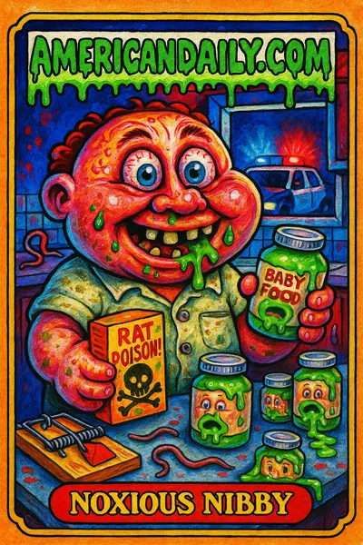 A grotesque character named Noxious Nibby with exaggerated features holds a rat poison box and baby food jar in a chaotic scene with police lights.