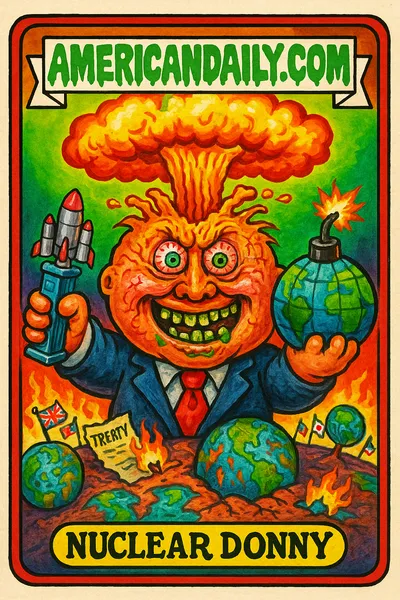 A satirical trading card depicting 'Nuclear Donny', a grotesque caricature of Donald Trump with a mushroom cloud hairdo, warped face, and ticking bomb globe.