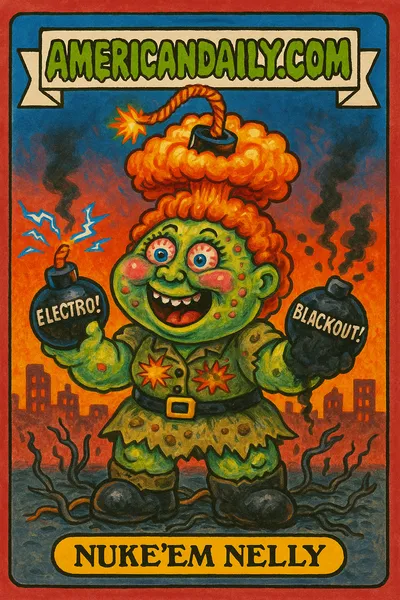 A satirical Garbage Pail Kids-style card depicting 'Nuke'em Nelly' with electromagnetic and blackout bombs, set against a destroyed cityscape.