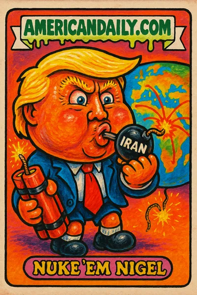 A parody of Donald Trump with an oversized head, holding a cartoonish bomb labeled 'Iran', set against a chaotic comic-style background.