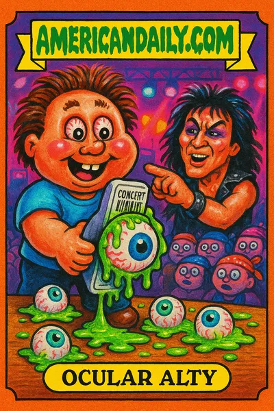 A grotesque trading card illustration of Sam Altman and Jared Leto promoting an eyeball scanning concert tour with psychedelic backgrounds.