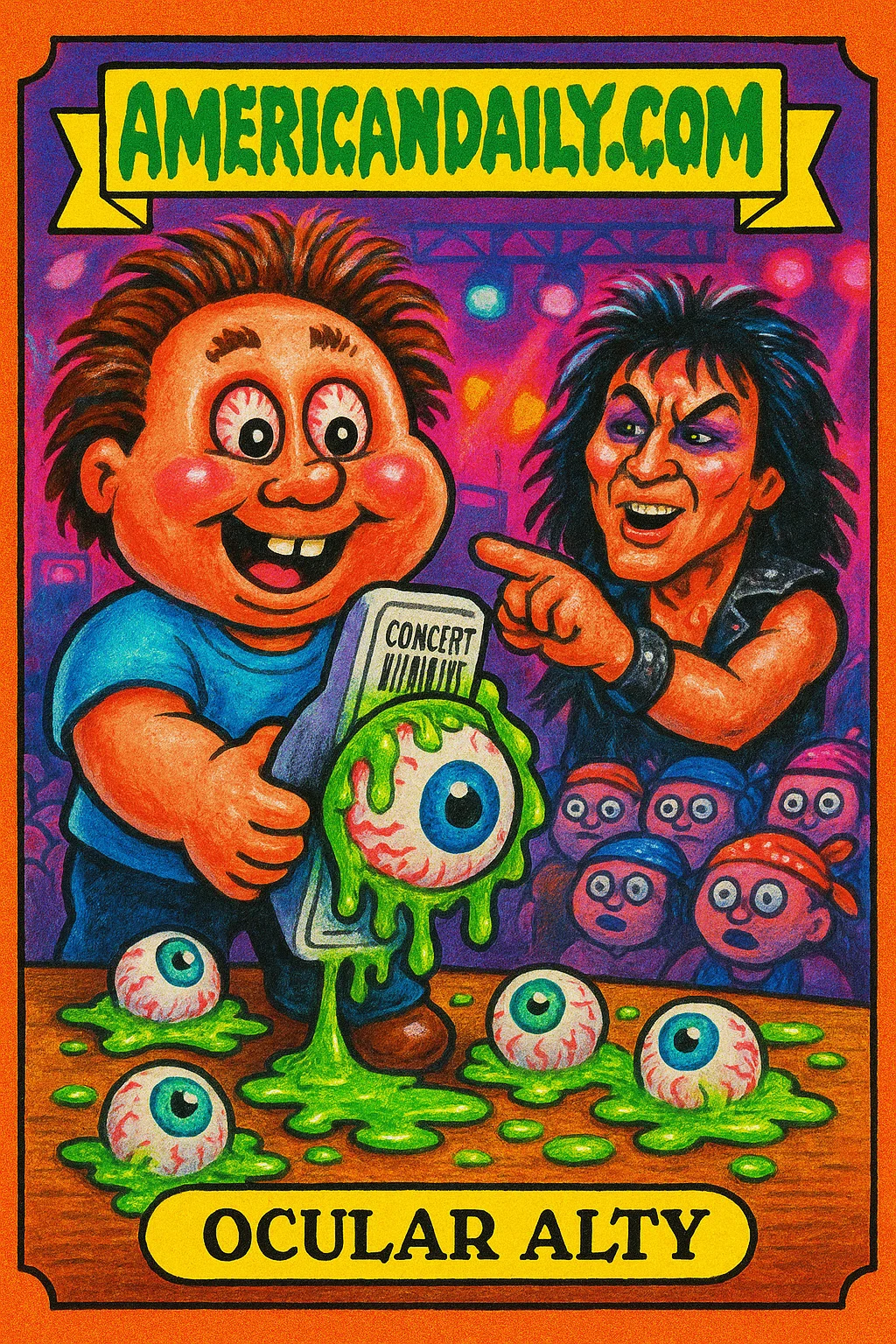 A grotesque trading card illustration of Sam Altman and Jared Leto promoting an eyeball scanning concert tour with psychedelic backgrounds.