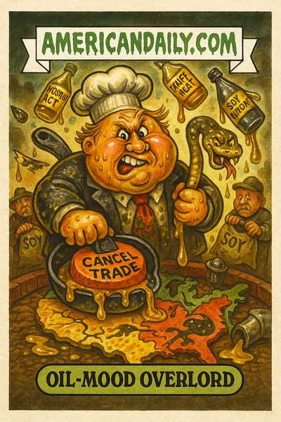 Parody trading card: a corpulent oil baron chef hybrid "Oil-Mood Overlord" presses a frying-pan "Cancel Trade" button on a cracked U.S.-China trade map, with oil leaking pipeline and empty soybean sacks behind him. Dropping cooking oil bottles with tags like "Hostile Act" and "Tariff Heat" fall from the sky. Top banner reads "AMERICANDAILY.COM."