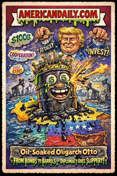 Cartoon parody card showing a smiling oil barrel king dripping oil and dollar signs atop a Venezuela map, with broken strings from a puppet master figure, satirizing Trump's cancelled Venezuela attacks and $100B oil investment plan.