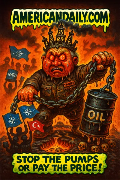 Cartoon overlord crowned with oil rigs holding chains dragging NATO flags and oil barrels, banner 'AMERICANDAILY.COM', caption 'Stop the Pumps or Pay the Price!