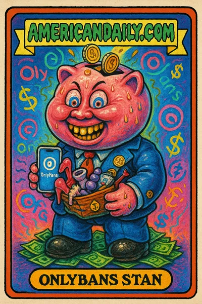 Cartoon of an OnlyFans exec with a piggy bank head spilling coins, tight suit with bursting buttons, holding merchandise, and standing on cash.