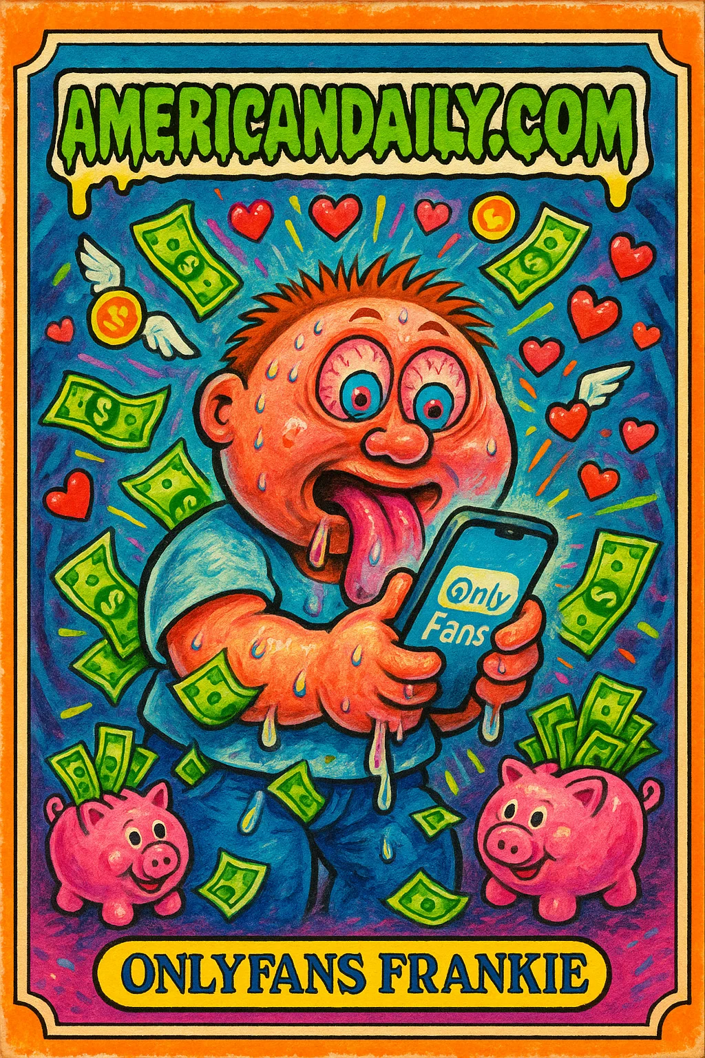 Grotesque caricature of OnlyFans Frankie, staring at a phone with money flying out of pockets and social media icons bursting around.