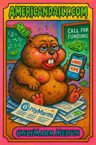 A comically grotesque marmot poses with a smartphone on a pile of papers. Dollar bills float around as it broadcasts its OnlyFans parody.