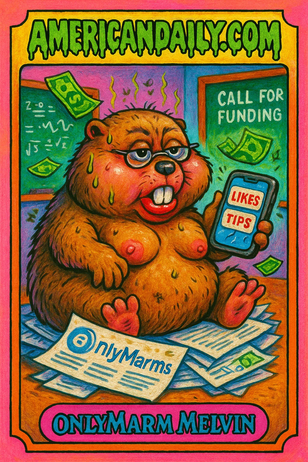 A comically grotesque marmot poses with a smartphone on a pile of papers. Dollar bills float around as it broadcasts its OnlyFans parody.