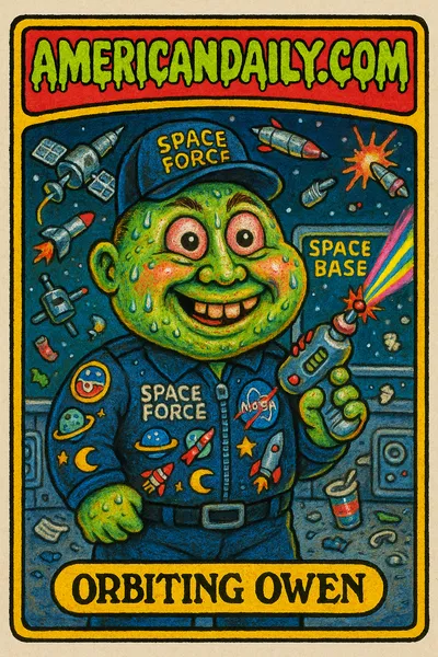 Caricature of a Space Force officer with oversized head, bulging eyes, in a tight uniform. Holding a laser gun, in a cluttered 'Space Base'.