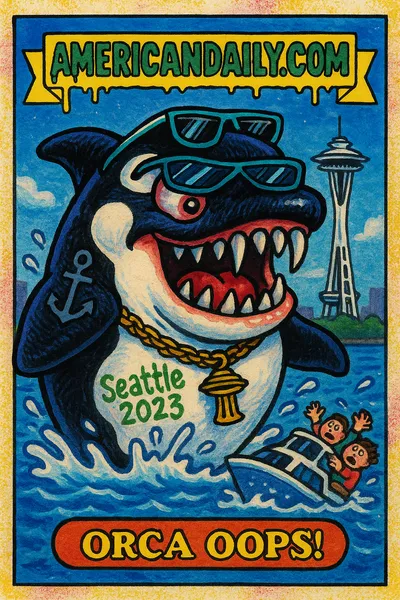 A satirical illustration of a comically grotesque killer whale in Seattle with exaggerated features and chaotic scene of whale watchers.