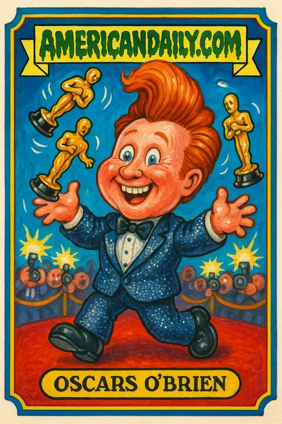 A Garbage Pail Kids-style card featuring Conan O'Brien juggling animated Oscars statuettes, with a giant pompadour and exaggerated grin, on a red carpet.