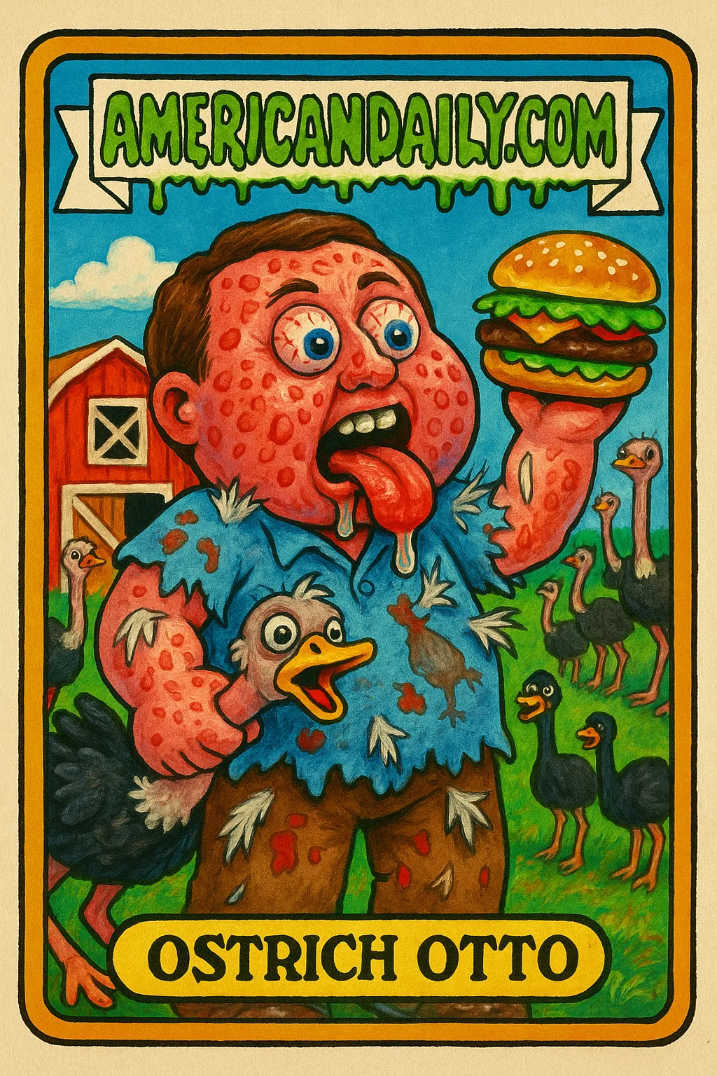 A grotesque cartoon of a man with a meat allergy, clutching an ostrich and a burger dream, against an ostrich farm backdrop. Humorous and exaggerated.