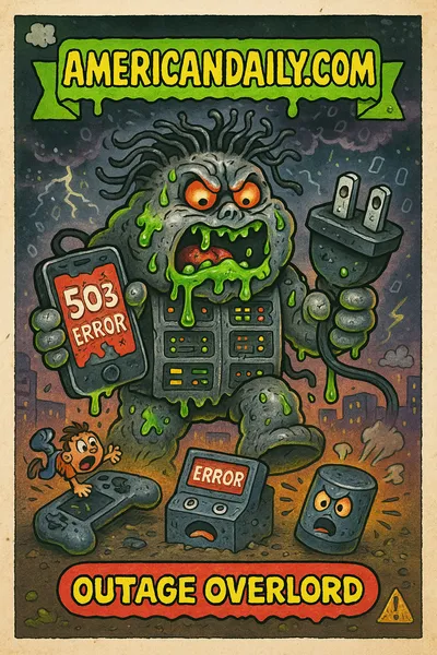 Parody trading card: a giant clown-cloud with lightning shoes looms over a broken internet amusement park where streaming apps, games, and banking apps stall as visitors in bumper cars spin helplessly. Top banner reads "AMERICANDAILY.COM."