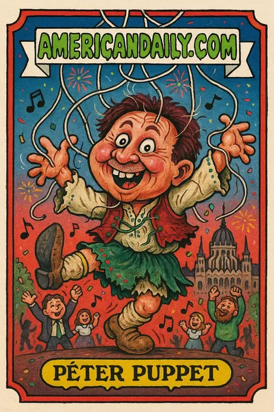 A grotesque cartoon of Péter Magyar as a wild dancing puppet with a huge head and chaotic limbs, amidst musical notes and a festive background.