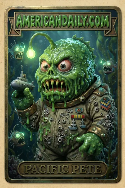 Grotesque deep-sea miner with a massive scaly head among sea creatures, grasping a military submarine in a satirical underwater scene. — 3D version