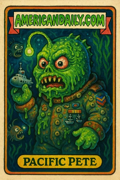 Grotesque deep-sea miner with a massive scaly head among sea creatures, grasping a military submarine in a satirical underwater scene.