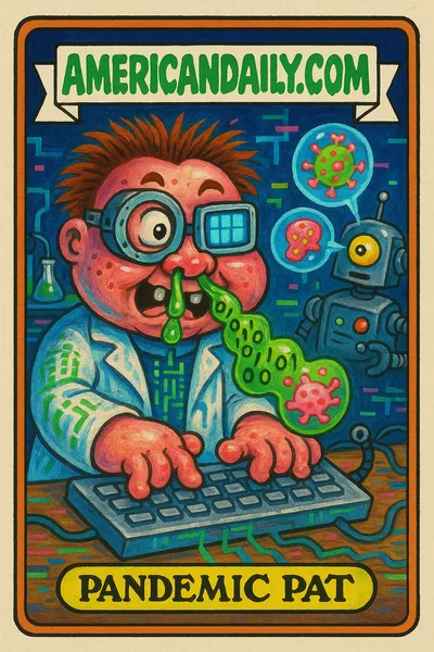 Grotesque trading card showing 'Pandemic Pat', a scientist-AI hybrid with mismatched eyes typing at a keyboard. Includes absurd holographic fake disease balloons.