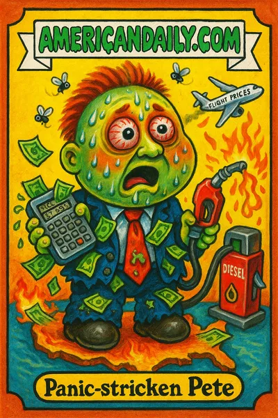 A satirical card of 'Panic-stricken Pete' amid diesel chaos: exaggerated politician with panic expression, bursting dollars, and flaming diesel pumps.