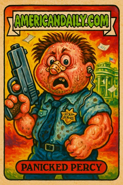 A comically exaggerated Secret Service agent with frazzled hair, bulging eyes, and a fake gun in his trembling hand. Background: chaotic White House.