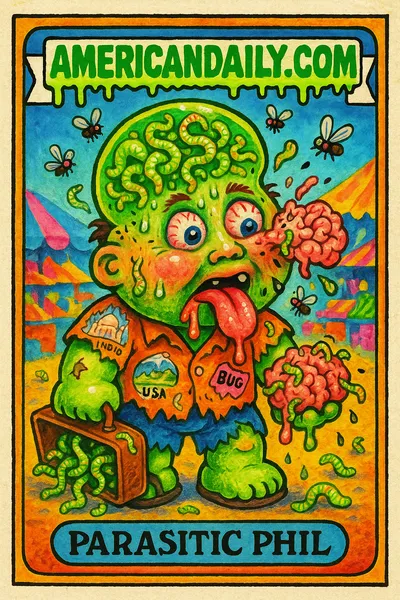 A grotesque illustration of Parasitic Phil, with an oversized head filled with parasites, creating a satirical take on a brain invasion.
