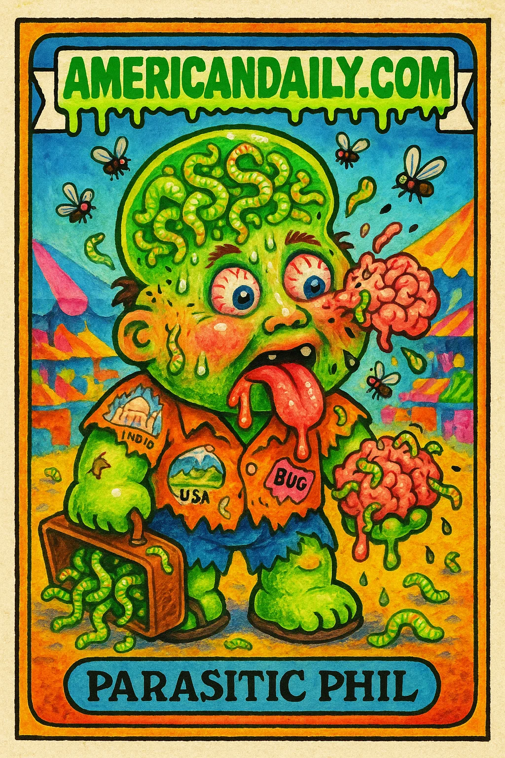 A grotesque illustration of Parasitic Phil, with an oversized head filled with parasites, creating a satirical take on a brain invasion.