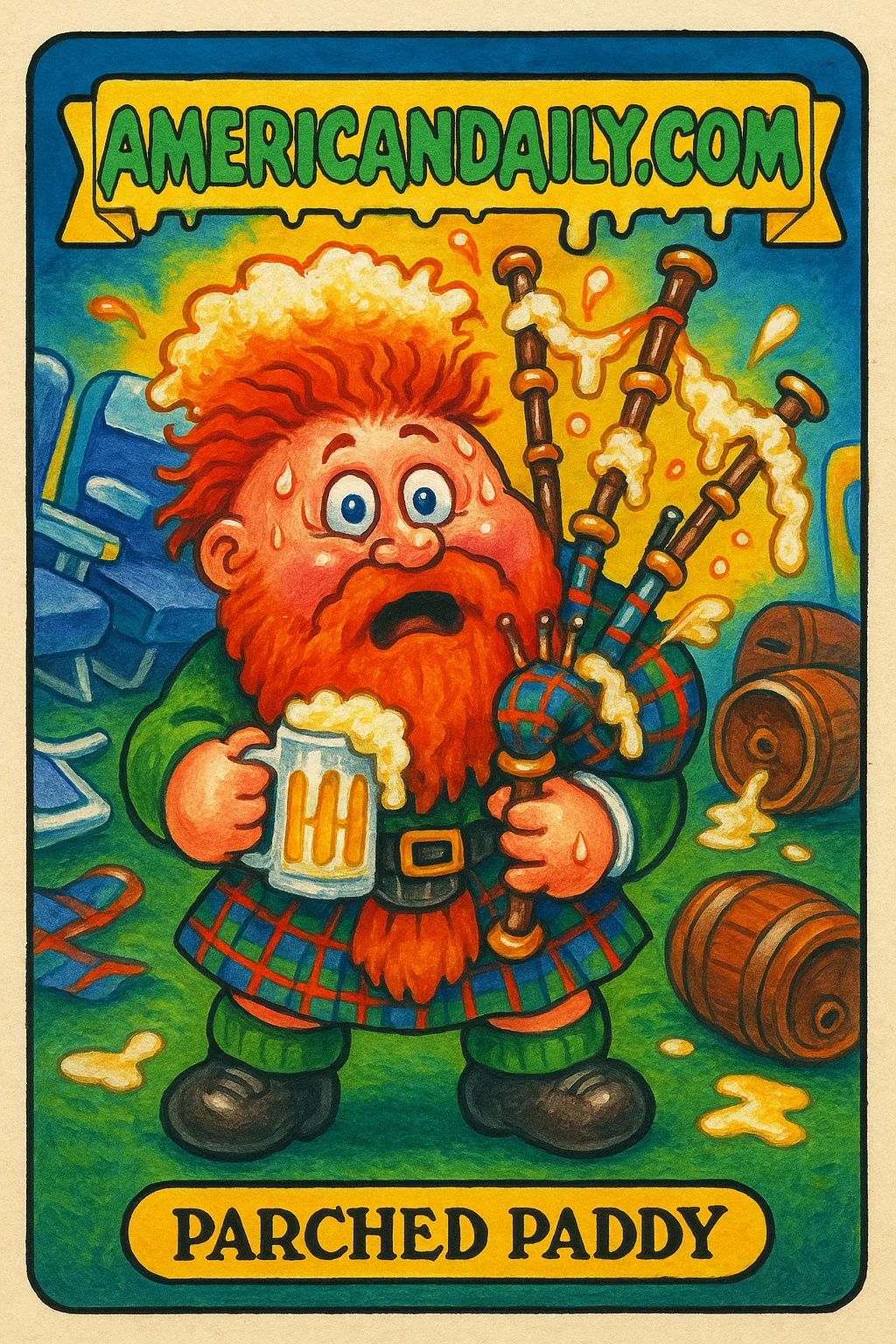 A satirical trading card of 'Parched Paddy', depicting a Scotsman with an empty beer mug and bagpipes foaming with beer, surrounded by airplane chaos.