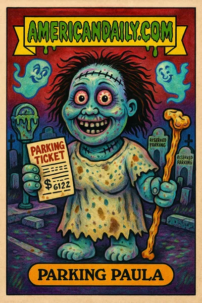 A grotesque undead woman, 'Parking Paula', standing in a graveyard parking lot with a parking ticket in hand, surrounded by comical ghosts.