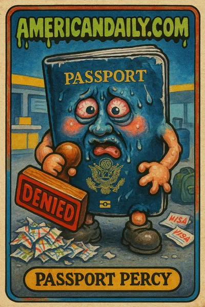 A satirical trading card featuring 'Passport Percy', an anthropomorphic US passport with exaggeratedly droopy features, holding a massive 'DENIED' stamper amidst airport chaos.