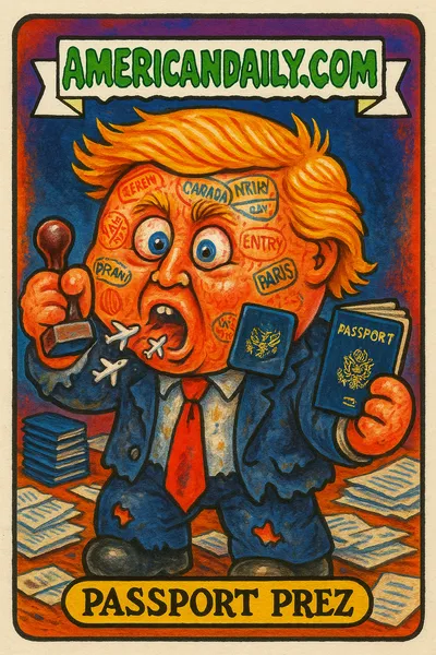 A satirical Garbage Pail Kids-style trading card depicting a grotesque caricature of Trump with passport stamps on his face, clutching a U.S. passport.