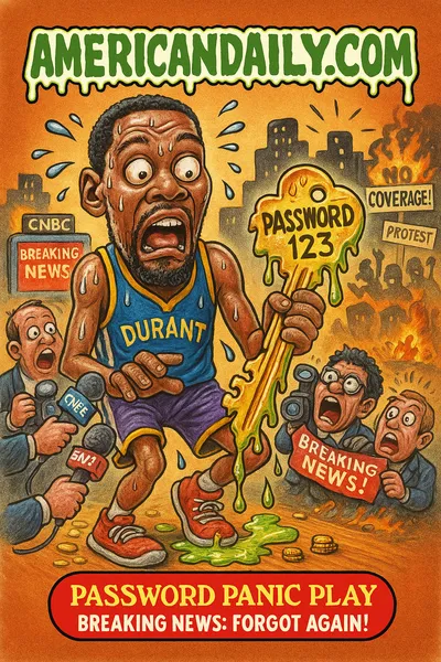 Cartoon parody card of Kevin Durant dribbling a gooey key labeled PASSWORD123 as reporters panic with BREAKING NEWS banners.