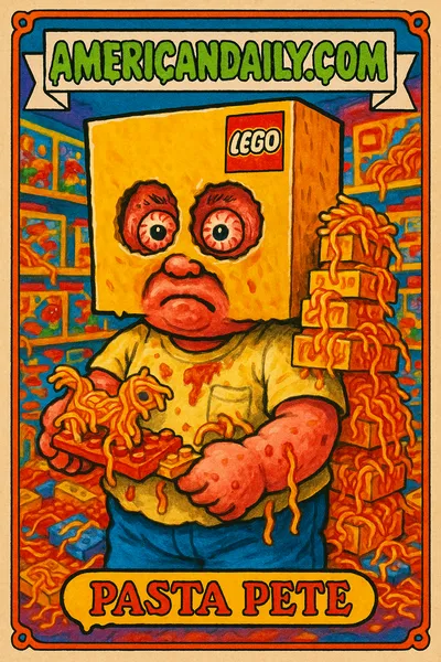 A grotesque caricature of a man with a Lego box on his head, noodly Lego model, and pasta-filled pockets, in a chaotic toy store backdrop.