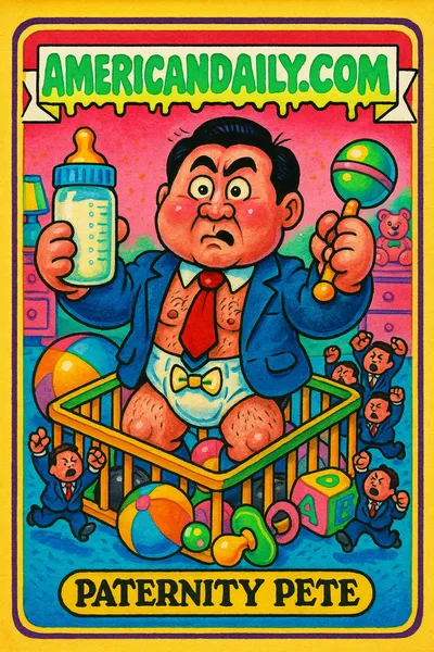Grotesque caricature of a male mayor with baby bottle and rattle, surrounded by protesting businessmen in chaotic nursery.