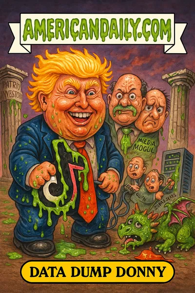 Cartoon of monstrous "Data Dump Donald" clutching slime-covered TikTok logo, conjoined Murdoch twins, Ellison & Dell tangled in wires, wounded ByteDance dragon, dripping slime, with "AMERICANDAILY.COM" slime banner overhead and melting text caption below.