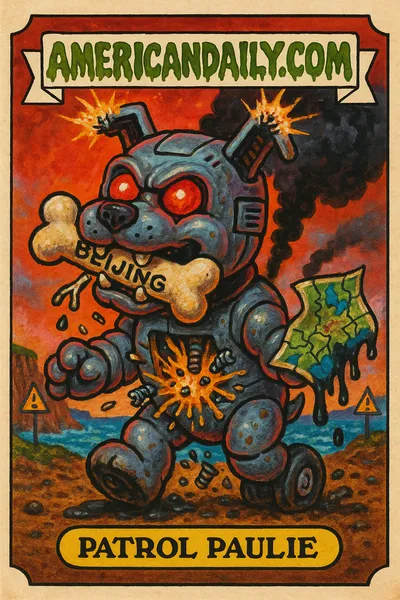 A grotesque robot dog chews a 'BEIJING' bone, sparks and smoke fly, in a dystopian coastal scene. Titled 'Patrol Paulie'.