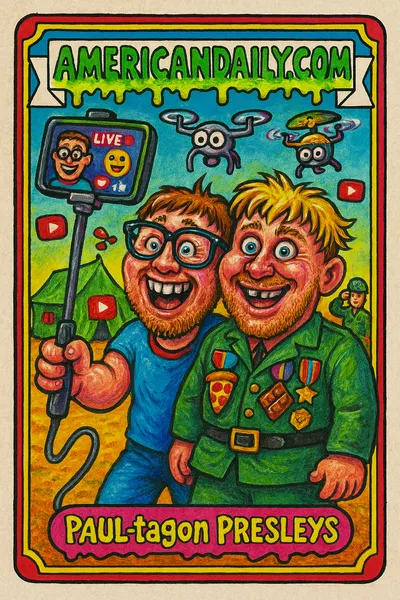 Grotesque parody of Paul Brothers as military influencers at a chaotic camp with huge props and mismatched uniforms.